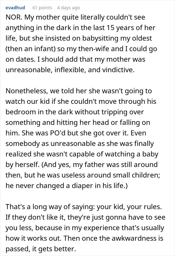 Comment about in-laws refusing to take grandchild safety seriously leading to being banned from babysitting for safety concerns.