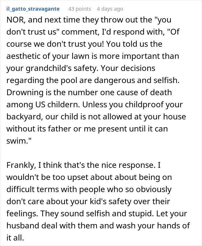 Comment discussing in-laws refusing to prioritize grandchild’s safety, leading to a ban from babysitting.
