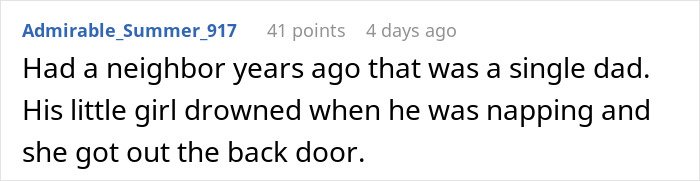 Screenshot of a forum comment describing a tragic incident related to child safety and babysitting concerns.