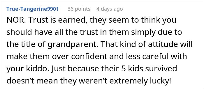 Reddit comment discussing distrust in in-laws' babysitting due to concerns over grandchild safety and overconfidence.