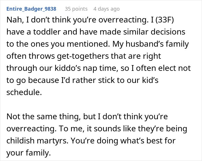 Comment discussing in-laws refusing to prioritize grandchild safety, leading to a ban from babysitting.