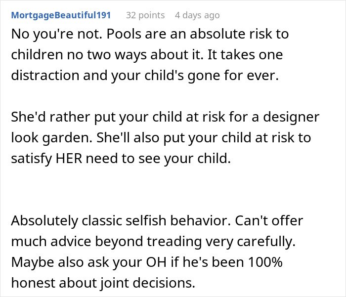 Comment warning about pool dangers and selfish behavior risking grandchild’s safety, leading to in-laws banned from babysitting.