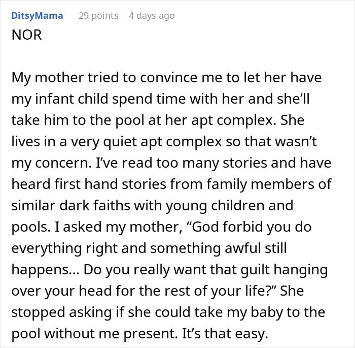 Text post from a parent explaining in-laws refuse to take grandchild’s safety seriously and get banned from babysitting.