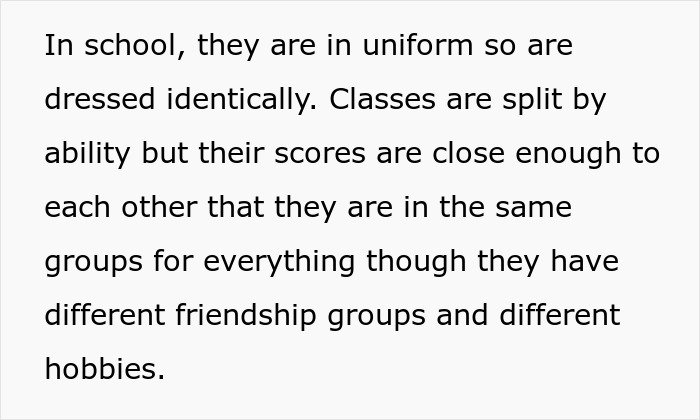 Text discussing twins in school wearing identical uniforms, with similar scores and shared group placements despite different friendships.