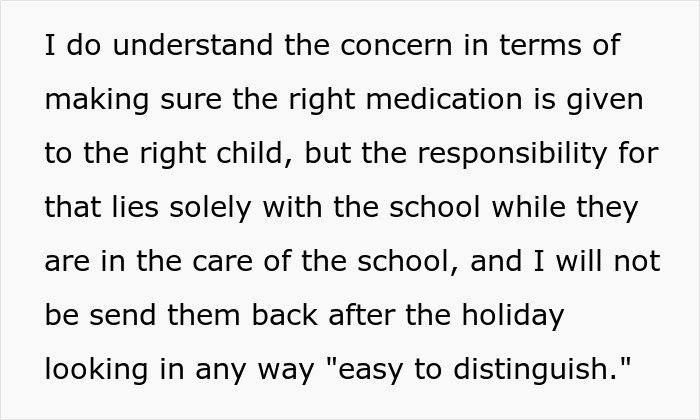 Text about a parent refusing to make their twins less similar for the school's easier distinction.