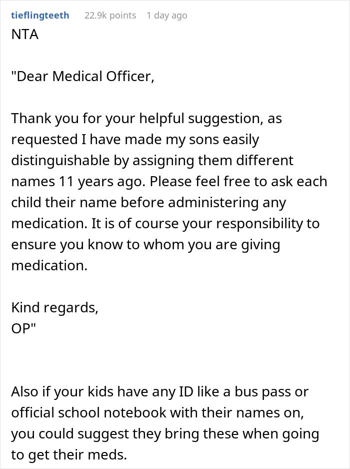 Text of a parent refusing to make twins less similar for easier school distinction, emphasizing different names for clarity.