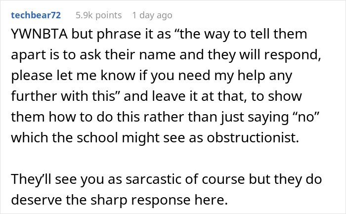 Screenshot of a forum comment discussing a parent refusing to make their twins less similar for easier school identification.