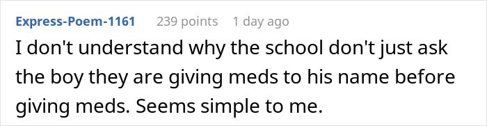 Comment discussing a parent refusing to make their twins less similar for easier school identification before giving medication.
