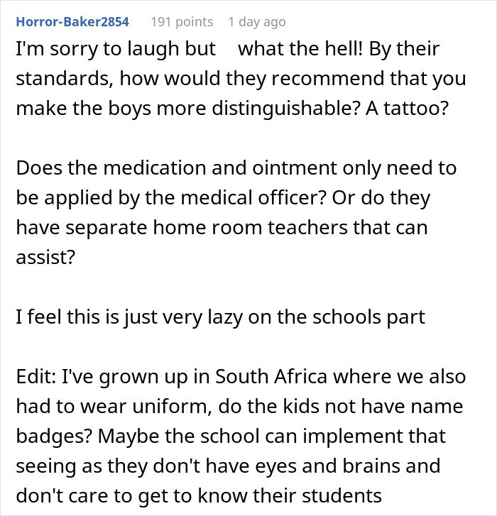 Screenshot of a Reddit comment discussing a parent refusing to make their twins less similar for school identification.