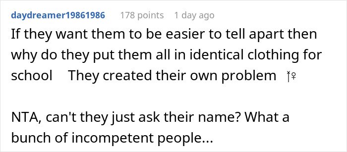 Comment discussing parent refusing to make twins less similar as school struggles to distinguish them.
