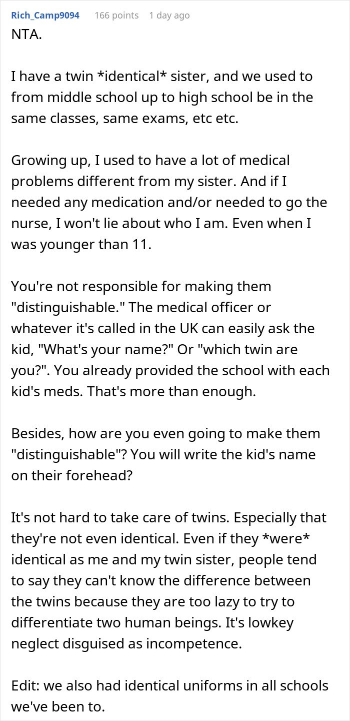 Reddit comment discussing challenges of distinguishing twins and refusing to alter their similarity for easier school identification.