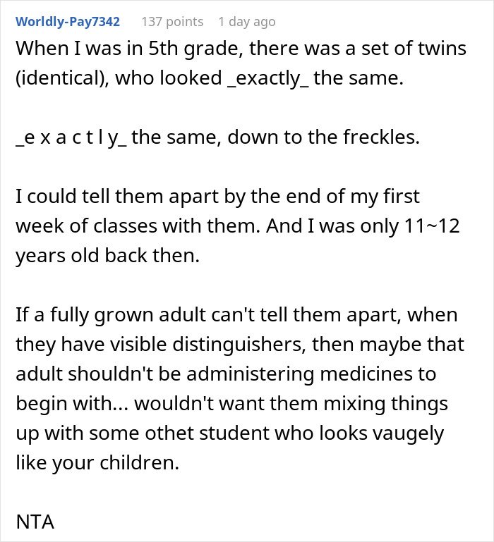 Parent refuses to make twins less similar as the school struggles to distinguish them with visible identifiers.