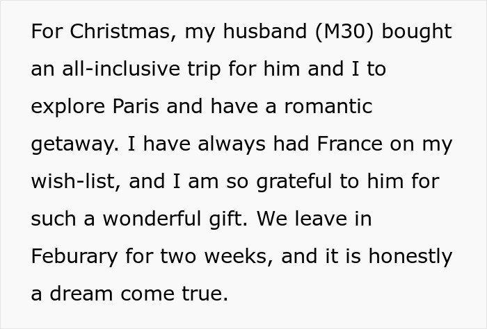 Text describing a woman’s romantic getaway with her husband in Paris, reflecting on a dream trip planned for February.