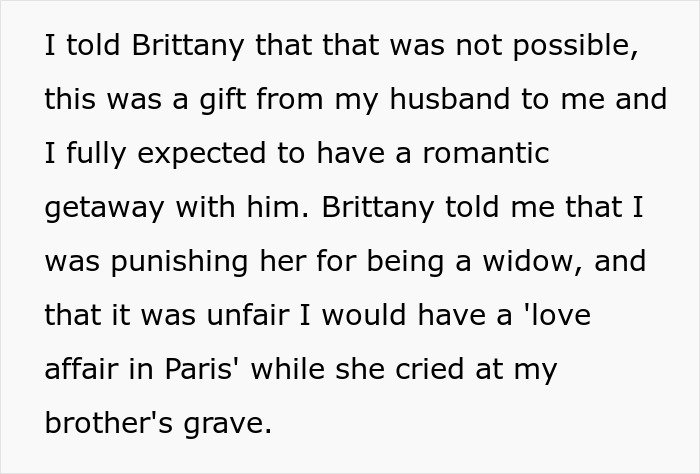 Text excerpt showing a woman discussing a romantic getaway with her husband and a friend’s demand involving the trip.