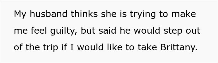 Text excerpt showing a woman’s husband offering to step out of a romantic getaway so she can take her friend Brittany instead.