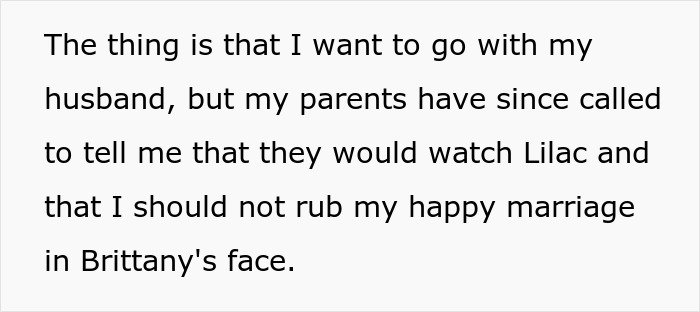 Text discussing a woman wanting to join a romantic getaway with her husband despite her parents' concerns about a friend.