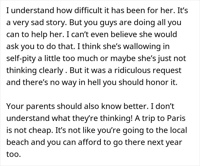 Text excerpt discussing a woman's unreasonable demand in a romantic getaway conflict involving her friend and husband.