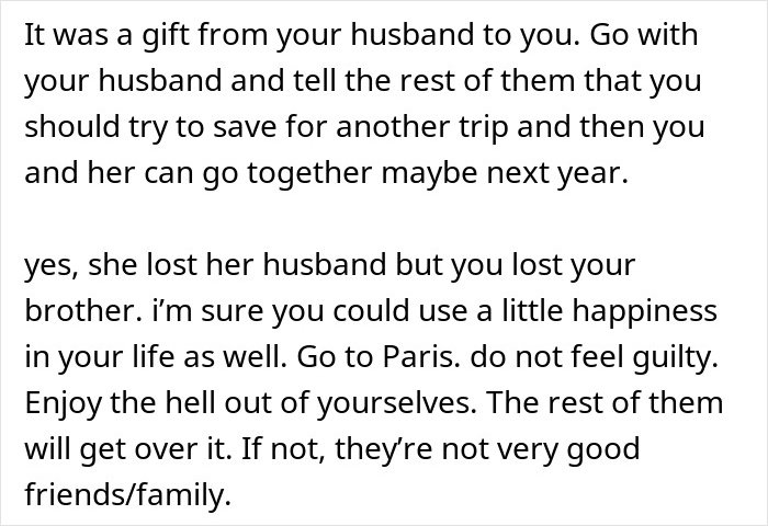 Text excerpt discussing a woman demanding a friend kick her husband out of a romantic getaway for her to come instead.