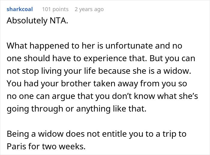 Comment on woman demanding friend kick husband out of romantic getaway, discussing widowhood and entitlement.