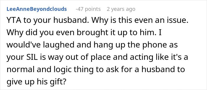 Alt text: Screenshot of a comment criticizing a husband being asked to give up a romantic getaway, highlighting friend drama.