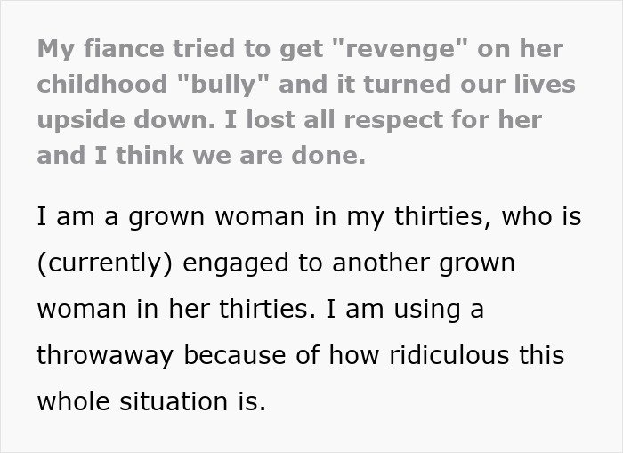 Text excerpt about a fiancée's obsession with her childhood bully causing relationship problems and loss of respect.