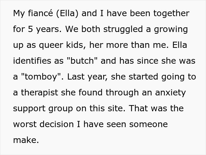 Text discussing a fiancée’s obsession with her bully and how stalking behavior is impacting their relationships.