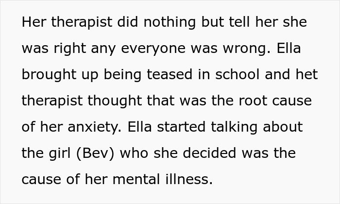Text describing a fiancée’s obsession with her bully causing relationship problems and stalking concerns.