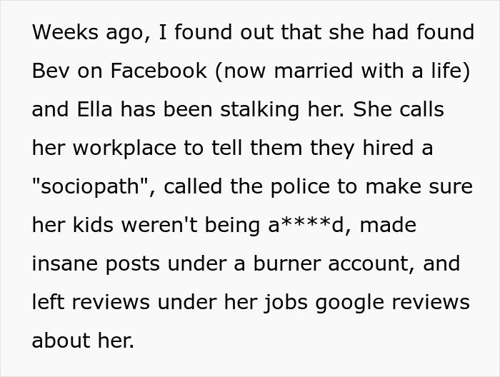 Text describing obsessive stalking behavior damaging relationships, highlighting fiancée’s bully and stalking issues.