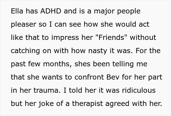 Text excerpt discussing Ella's behavior, ADHD, people-pleasing, and her intention to confront her bully, affecting relationships.