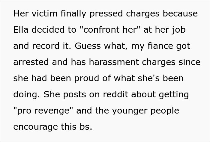 Text message describing a fiancee’s obsession with her bully leading to harassment charges and relationship problems.