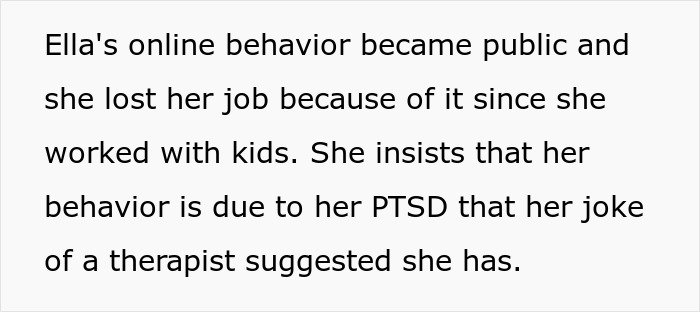 Text excerpt about Ella's online behavior revealing job loss tied to PTSD and bullying obsession affecting relationships.