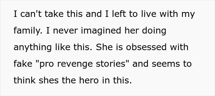 Text excerpt showing a person describing their fiancée’s obsession with fake revenge stories and calling it bullying behavior.
