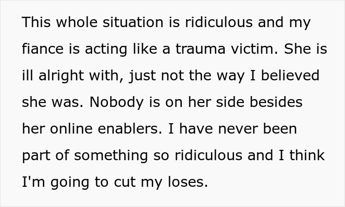 Text excerpt showing a fiancée acting like a trauma victim amid obsession and stalking issues affecting relationships.