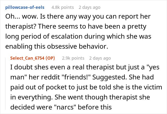 Reddit conversation discussing fiancée’s obsession and stalking behavior ruining relationships and impact on therapy progress.