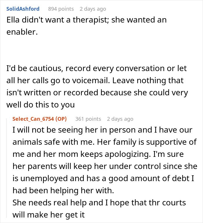 Comments discussing fiancée’s obsession with her bully and advice on handling stalking and relationship issues.