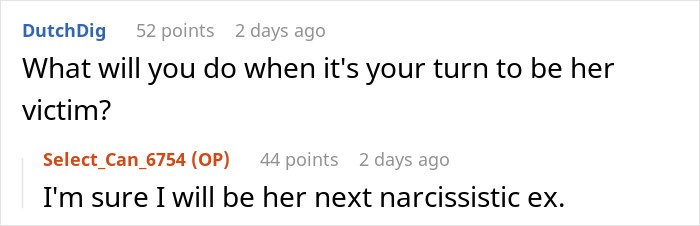 Screenshot of an online conversation discussing fiancée’s obsession with her bully and its impact on relationships.