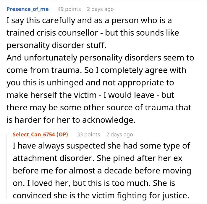 Screenshot of Reddit conversation discussing fiancée’s obsession with her bully and related personality disorder and attachment disorder concerns.