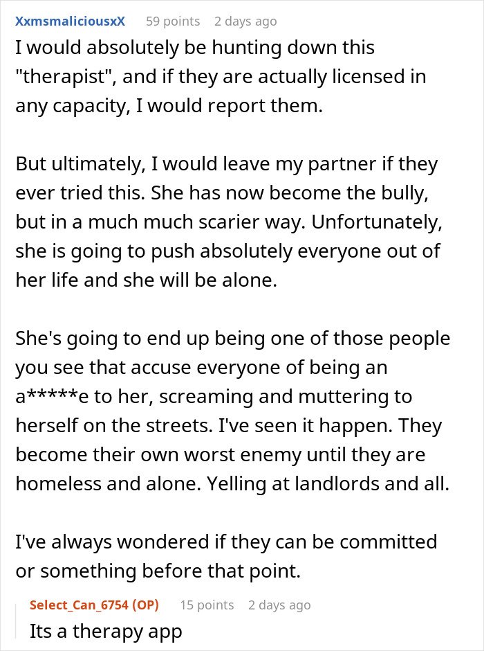 Comment discussing the fiancée’s obsession with her bully causing relationship issues and social isolation risks.