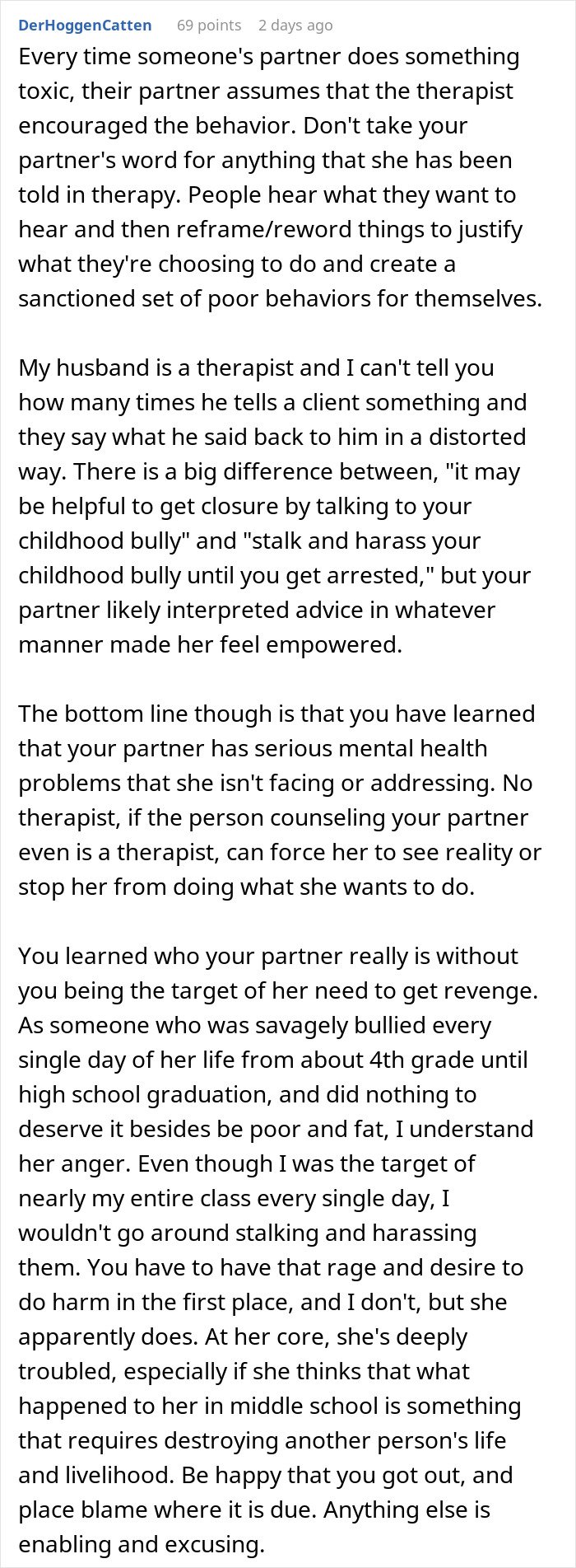 Screenshot of a detailed Reddit comment discussing fiancée’s obsession with her bully and related relationship issues.