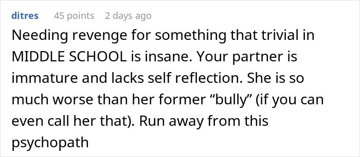 Comment discussing fiancée’s obsession with her bully causing relationship issues and advising to avoid the toxic situation.