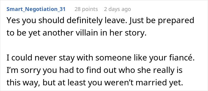 Screenshot of an online comment about a fiancée’s obsession with her bully affecting relationships, warning to leave.