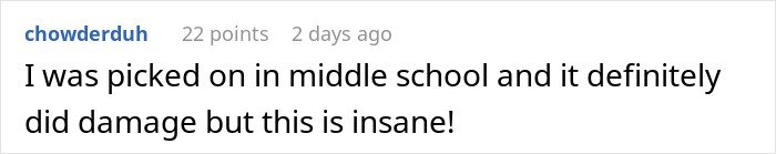 Screenshot of a Reddit comment about being picked on in middle school relating to fiancée’s obsession with her bully.