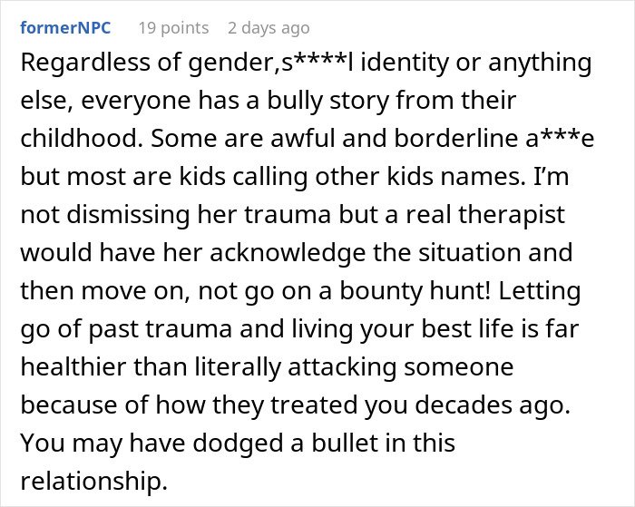 Text post from formerNPC discussing the impact of a fiancée’s obsession with her bully on relationships and trauma recovery.