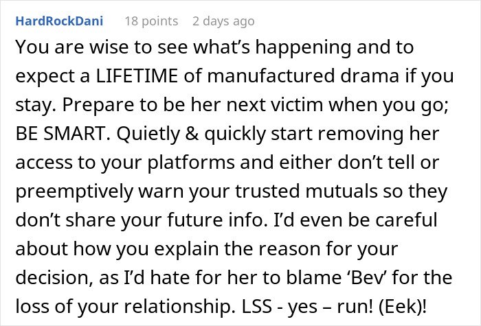 Comment discussing fiancée's obsession with her bully causing relationship issues and stalking concerns shared online.