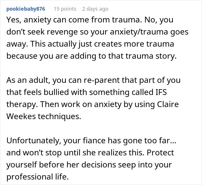 Comment discussing fiancée’s obsession with her bully and the impact on relationships and personal well-being.