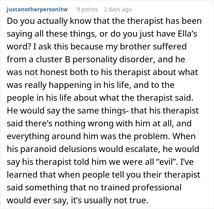 Alt text: Text discussing fiancée’s obsession with her bully and stalking behavior affecting relationships and trust in therapy statements.
