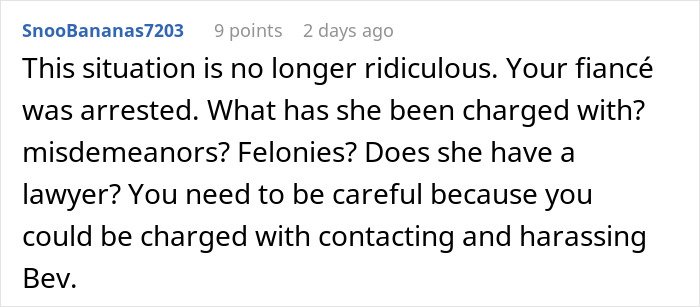Reddit comment discussing fiancée’s obsession with her bully and potential legal issues involving stalking and harassment.