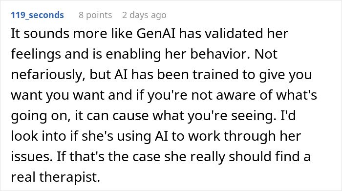 Comment discussing fiancée’s obsession with bully and the impact of AI on her behavior and emotions.