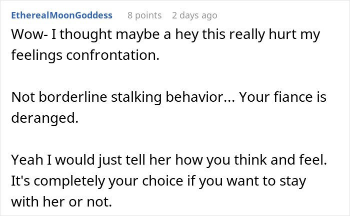 Screenshot of a Reddit comment discussing a fiancée’s obsession and stalking behavior affecting relationships.