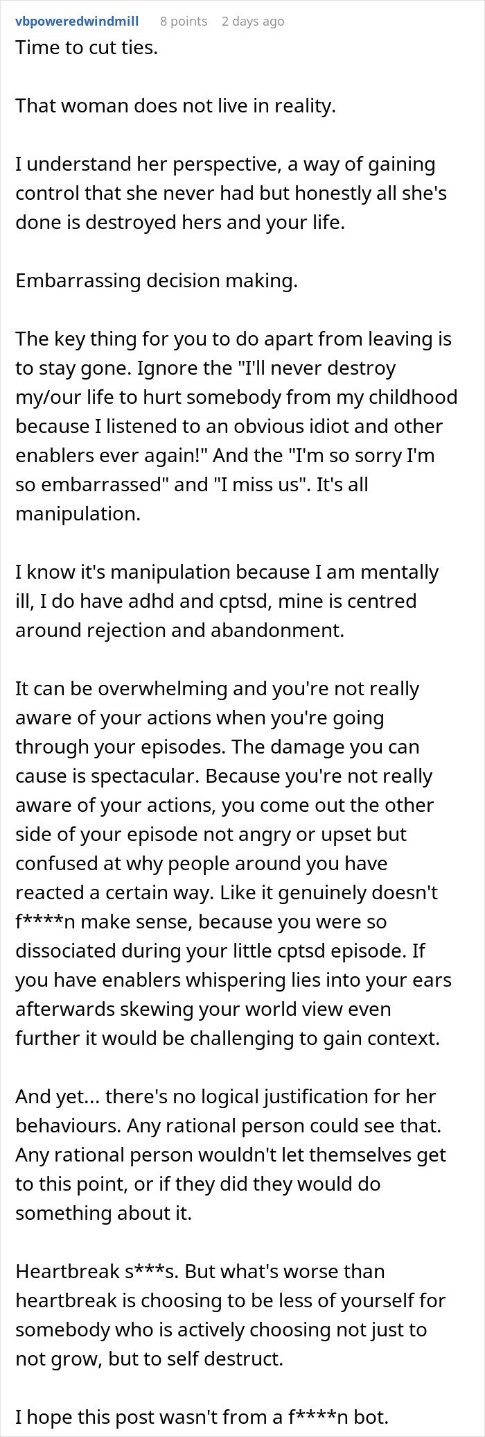 Text comment about a fiancée’s obsession with her bully negatively impacting relationships and causing manipulation and heartbreak.